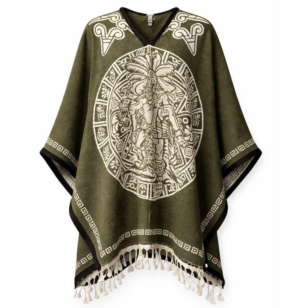 Mexican Aztec Calendar Poncho | Olive Green Woven Gaban Sarape